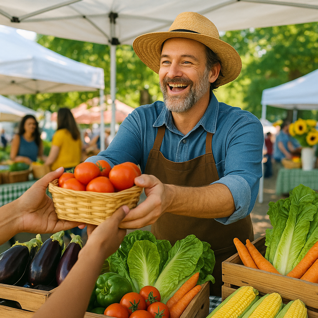 Local farmer handing produce to a customer. Joyful, colorful, community-first energy.
