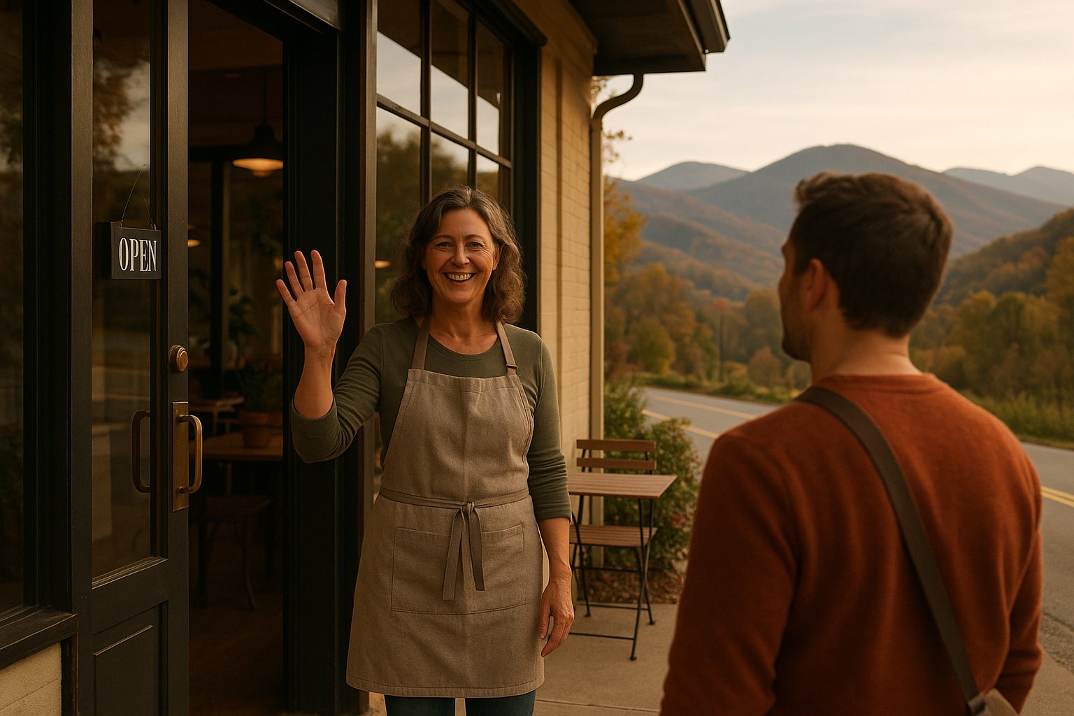Photo of a small business owner outside their shop or café — apron on, greeting a customer — with rolling WNC mountains in the background. Warm, natural light.