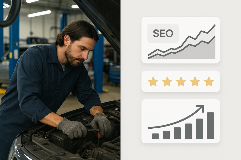 Blended image — half the frame shows a busy auto shop, half shows simple digital metrics overlay (SEO analytics, review stars). Symbolizes ‘we handle the online stuff.’